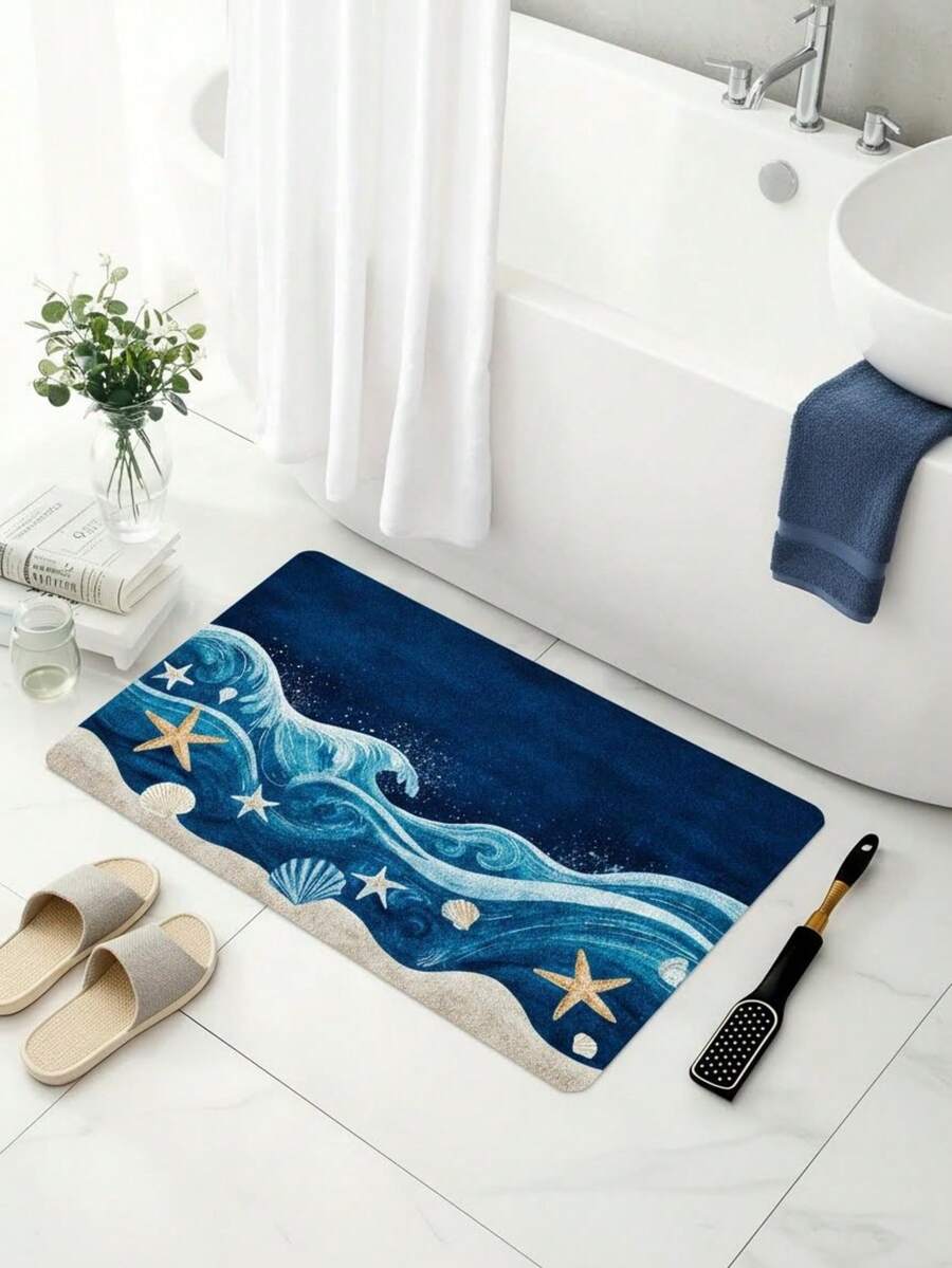 Thảm trải sàn phòng tắm phong cách đại dương yên bình và huyền bí, chống trơn trượt, chất liệu cashmere mềm mại, thích hợp cho phòng tắm/phòng tắm vòi sen/bồn rửa mặt/bồn cầu/phân chia khu vực khô và ướt, họa tiết đại dương/nền xanh đậm, tươi mát và tự nhiên/đồ dùng thiết yếu cho ngôi nhà mơ mộng. - A - Xem 1