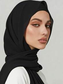 2pcs Women Scarf Tie Headband Set, Versatile Underlay Cap Combo, Hijab Middle East Abaya Accessory, Elastic Underlay Cap & Chiffon Scarf Set, Casual Outfit - Black - View 1