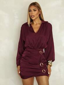 Elegant Women's Short Dress With Long Sleeves In Satin With Front Draping, Perfect For Winter, São João, Party, And Evening Wear. - 酒紅色 - 查看 4