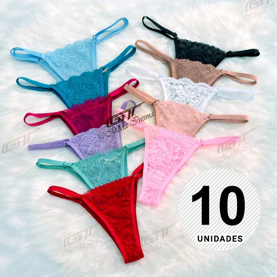 Kit Of 10 Women's Lace Thong Panties With Side Adjustment - Multicolor - View 1
