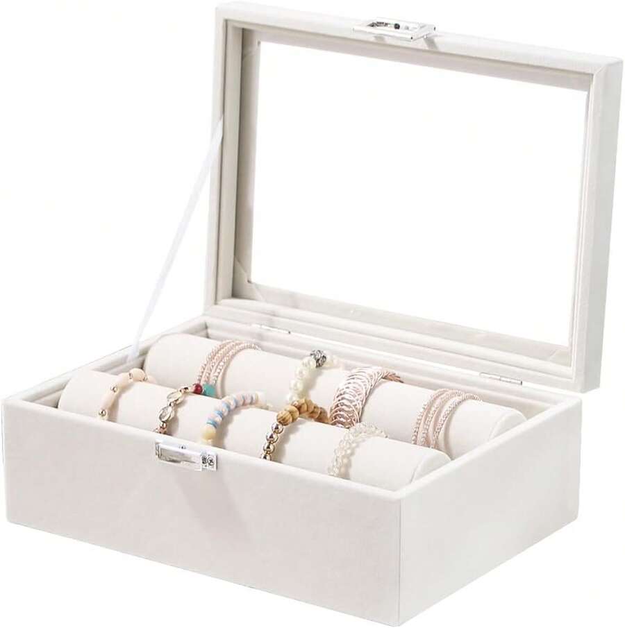 Jewelry Storage Organizer Box With 2 Rods For Bracelets And Bangles - Beige - View 1