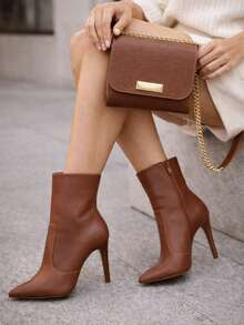 Women's Mid-Calf High Heel Pointed Toe Comfortable Boot Set + Luxury Bag - PROMOTION - Camel - View 1