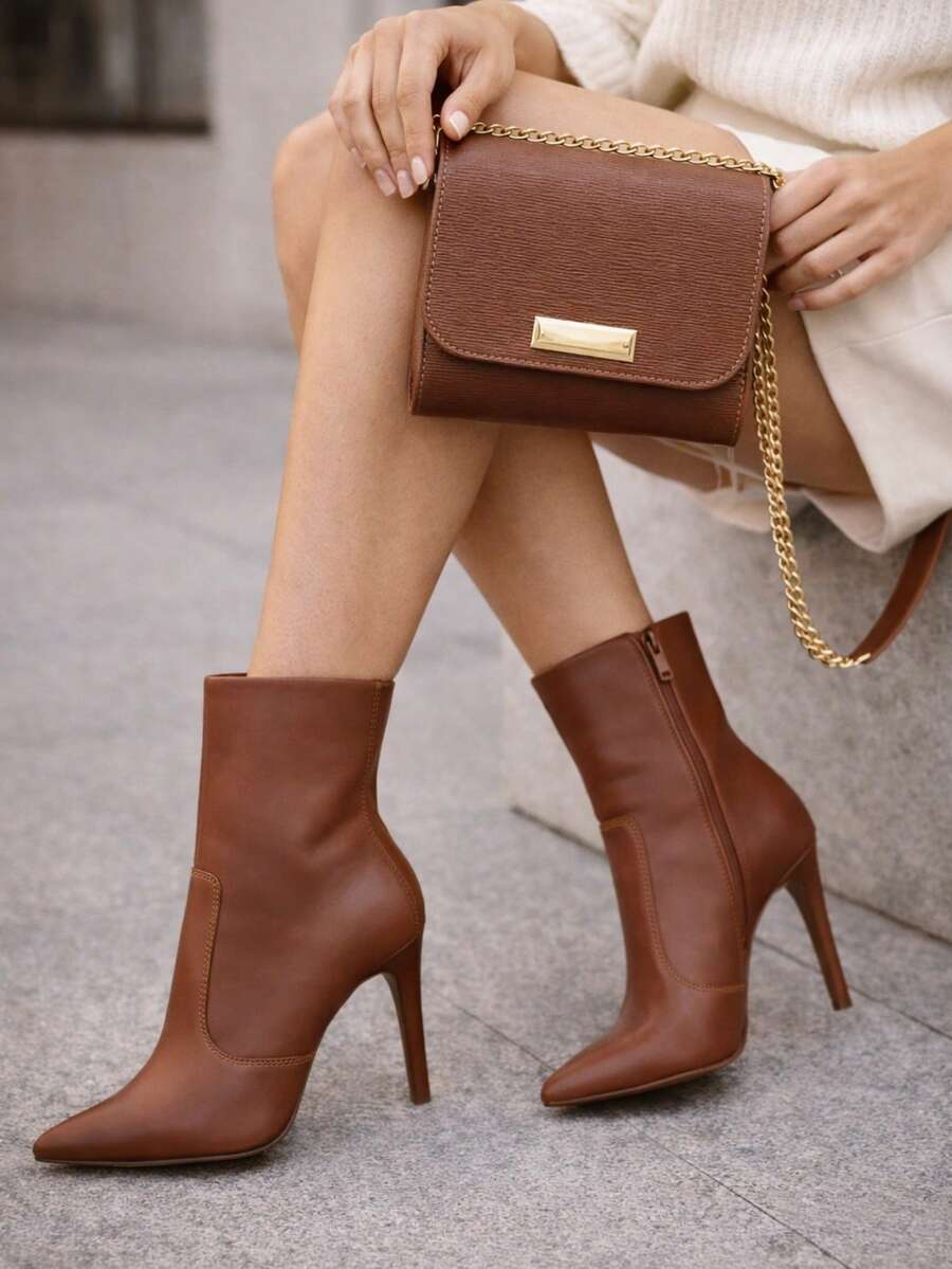 Women's Mid-Calf High Heel Pointed Toe Comfortable Boot Set + Luxury Bag - PROMOTION - Camel - View 1