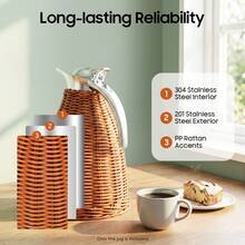 1.5L Thermal Carafe, 0.4Gal Stainless Steel Dual Wall Vacuum Thermal, 12h Warm & 24h Cold Retention, Hand Woven Rattan Body Coffee Carafe For Home, Coffee Shop - Coffee Brown - View 7