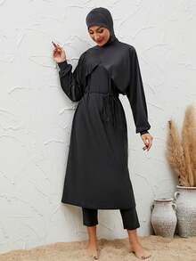 VFJ Women's Modest Swimwear Black Round Neck Long Sleeve Burkinis With High Waist Bottom And High Stretch Fabric - Black - View 5