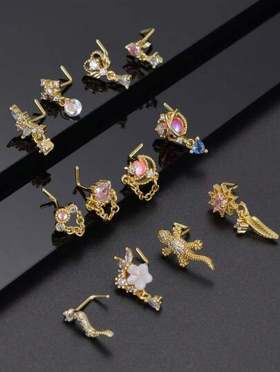 12Pcs Fairycore Aesthetic Stainless Steel 20G Nose Studs Set With Sparkling Cubic Zirconia & Gecko Dangle Charms For Women Daily Wear, Date & Piercing Jewelry