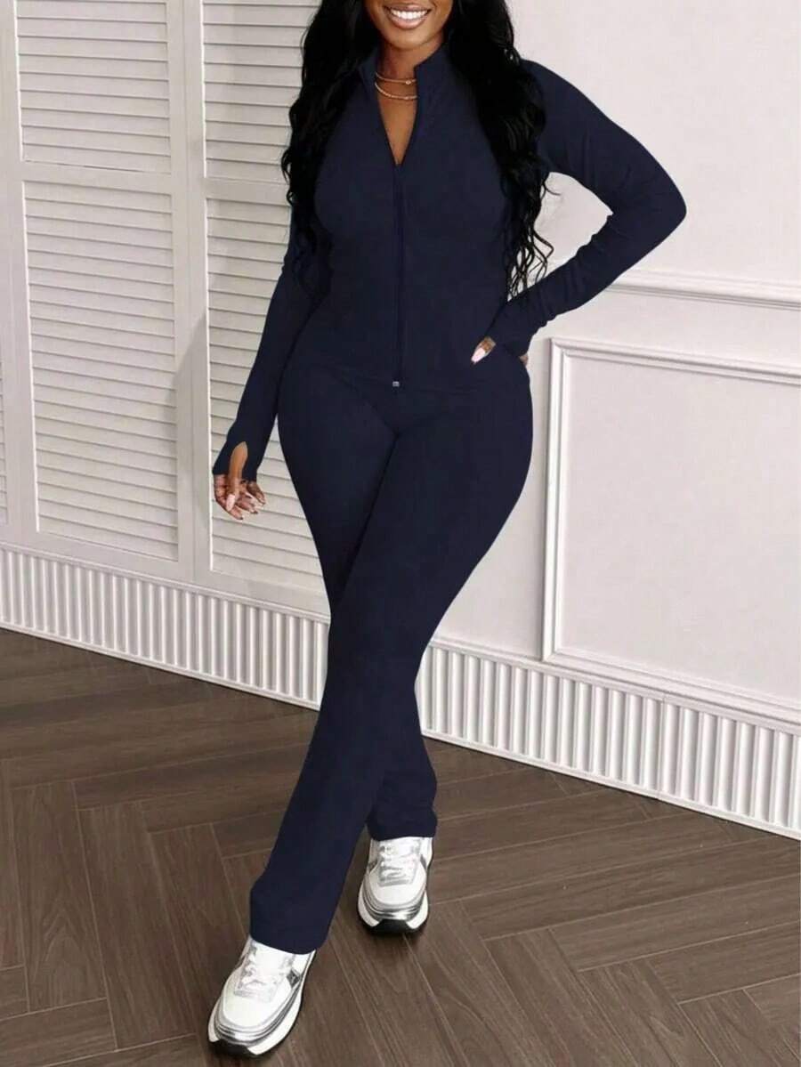 Top Choices For Valentine's Day Gifts,2pcs Women's Fashionable Fitted Solid Color Top With Zipper Jacket And Pants Set, Spring/Autumn|Elevated Athleisure|Boho Chic|Athletic Wear|Mother's Day Christmas Halloween Gift - Xanh đậm - Xem 1