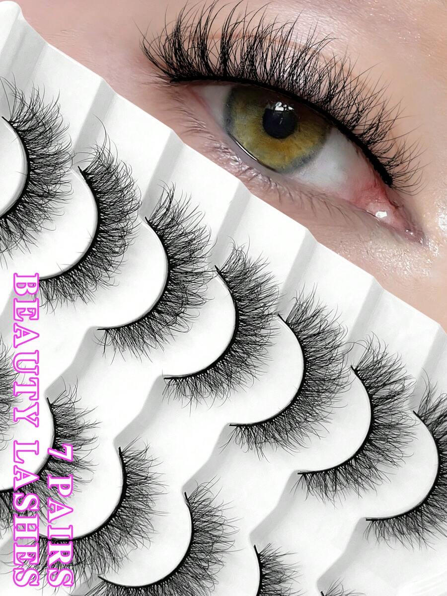 ENCHUW 7 Pairs 3D Fake Eyelashes Natural Lashes Natural Look Short False Eyelashes Pack Reusable False Lashes Soft Wispy Lashes Fluffy Eye Lashes - Black - View 1