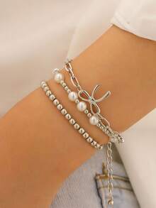 3件套复古优雅仿珍珠串珠蝴蝶结手链，女士手链，适合日常、派对、节日、情人节佩戴，可作为礼物送给朋友、家人、情侣，珠宝配饰 - 銀色 - 查看 4