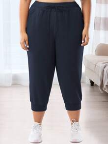 Plus Size Women's Casual Sports Capri Pants With Pockets & Drawstring Loose Fit Joggers Sweatpants For Running - Navy Blue - View 2