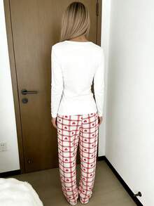 两件套女士圆领印花长袖上衣+直筒弹力腰裤可爱睡衣套装 - 粉色 - 查看 6