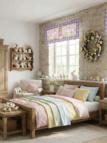 1/2/3 piezas - Cenefa de ventana a cuadros de Pascua, cortina corta con estampado floral de huevos de conejo, cenefa de estilo campestre de Pascua, decoración de ventana de poliéster para cocina y dormitorio - Ver 5