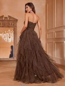 Faeriesty Romantic Strapless Wedding Dress, Layered Ruffle Tulle A-Line Silhouette, Suitable For Classic Weddings, Graduations, Galas, Birthdays And Other Occasions - Brown - View 7