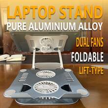 Soporte para portátil con dobles ventiladores, hecho de aluminio puro que es resistente a la oxidación y hermoso, enfriamiento rápido, plegable, ajustable y duradero. - Ver 3