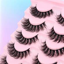 7对5-16毫米自然浓密卷翘假睫毛，蓬松柔软，D型卷翘，黑色睫毛梗带眼线效果，自然放大双眼，拯救稀疏睫毛，提亮妆容，佩戴舒适 - 黑色 - 查看 6