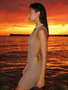 Women's Spaghetti Strap Knit Sheer Coverup Dress, Regular Length Fitted Silhouette, Suitable For Party And Vacation, Sexy Style - Khaki - View 2