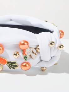 1pc Pink Solid Fabric Knotted Wide Headband With Easter Elements, Minimalist Fashion Rhinestone Rabbit Decor, Sweet Elegant Essential Headpiece For Easter Holiday, Cute Easter Festival Hair Accessory Beauty Home Hair Accessories - FG1530 White - View 3