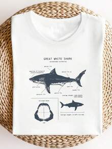 Women's 100% Cotton Shark Print Short Sleeve T-Shirt, Summer - White - View 5