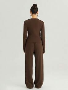 KATCH ME Women's Solid Color V-Neck Long Sleeve Button Tailored Top & Wide Leg Trousers Set, Cozy Two Piece Outfits For Fall & Winter - Chocolate Brown - View 2