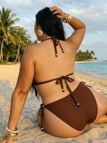 大码女士纯色串珠两件式比基尼，适合春夏海滩、泳池派对、毕业典礼、生日、舞会等场合 - 棕色三角杯系带时尚泳衣 - 棕色 - 查看 3