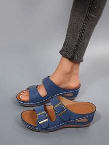 1 par de sandalias de plataforma cómodas de estilo bohemio con suela gruesa para vacaciones en la playa y uso al aire libre, sandalias de cuña de verano de moda casual para mujer - Azul Marino - Ver 1