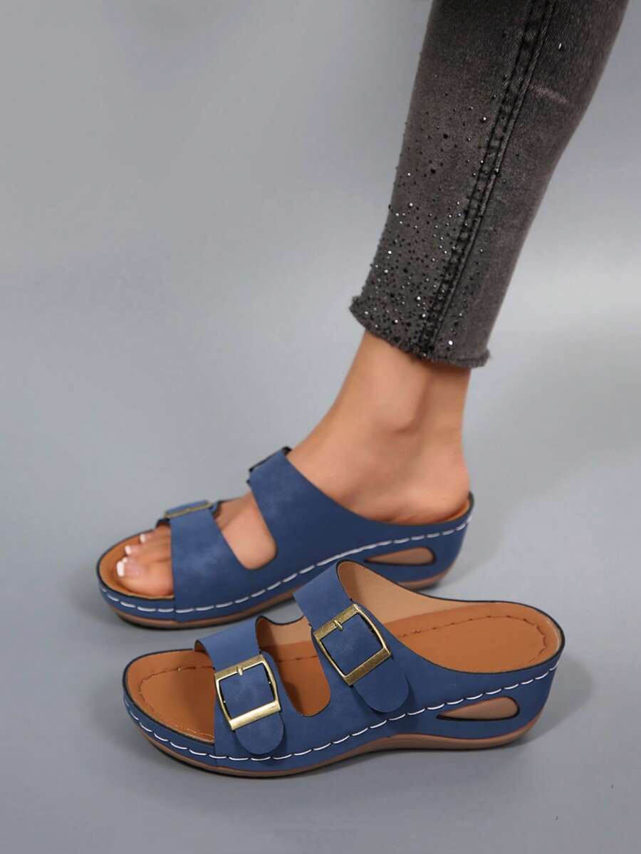 1 par de sandalias de plataforma cómodas de estilo bohemio con suela gruesa para vacaciones en la playa y uso al aire libre, sandalias de cuña de verano de moda casual para mujer - Azul Marino - Ver 1