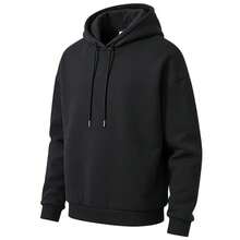 Moletom com capuz forrado em lã para homens/mulheres/casais, moletom minimalista oversized de cor sólida, moletom macio, confortável, quente, com cores firmes e resistente a bolinhas, blusa esportiva casual de camada dupla. - Preto - Ver 1