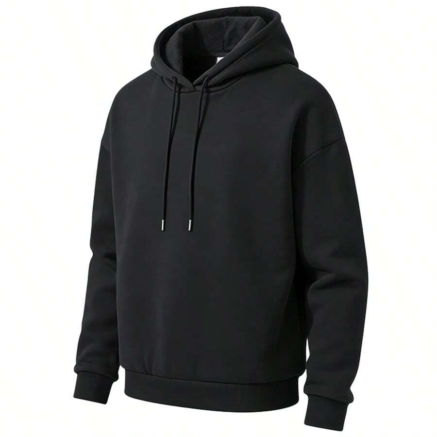 Moletom com capuz forrado em lã para homens/mulheres/casais, moletom minimalista oversized de cor sólida, moletom macio, confortável, quente, com cores firmes e resistente a bolinhas, blusa esportiva casual de camada dupla. - Preto - Ver 1