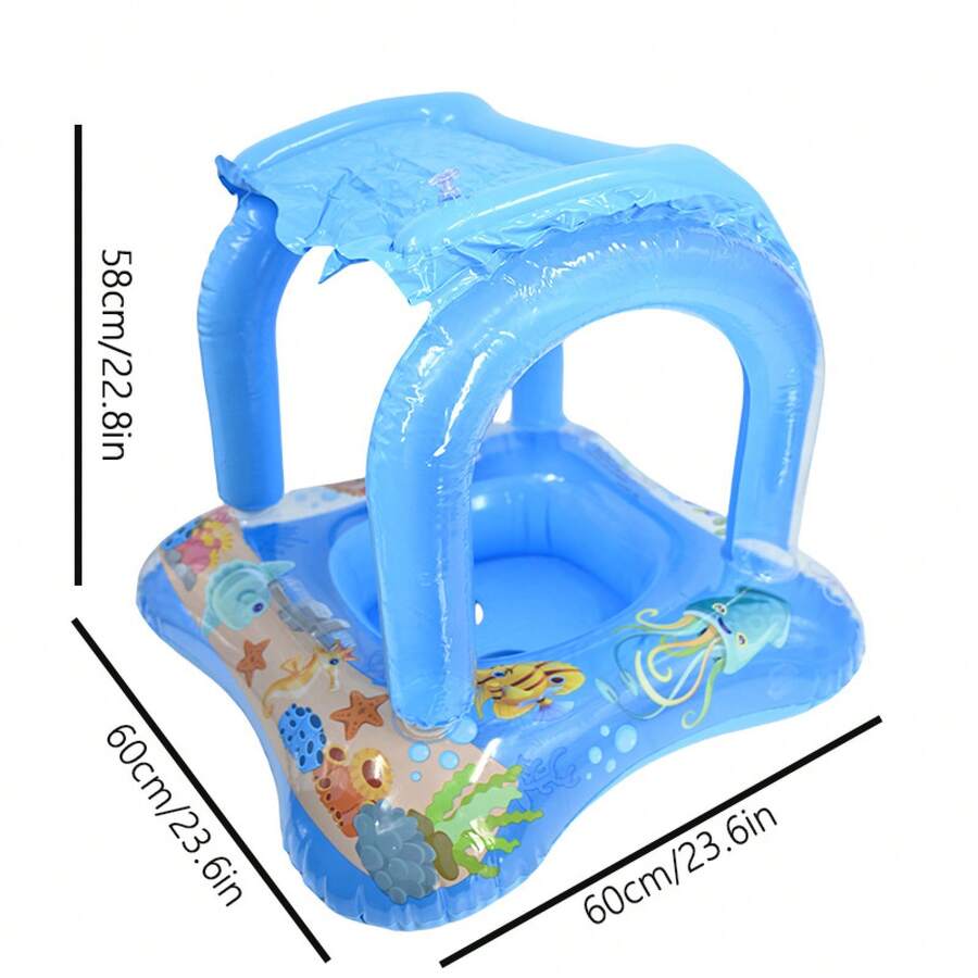 Flotador Inflable Redondo de PVC para Niños, Anillo de Natación para Bebés con Diseño de Animales Impresos - Anillo de asiento de dosel cuadrado - mango azul - Ver 1