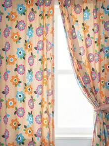 DOS CORTINAS PARA VENTANA DISEÑO FLOR AZUL ROSA - Camel - Ver 1