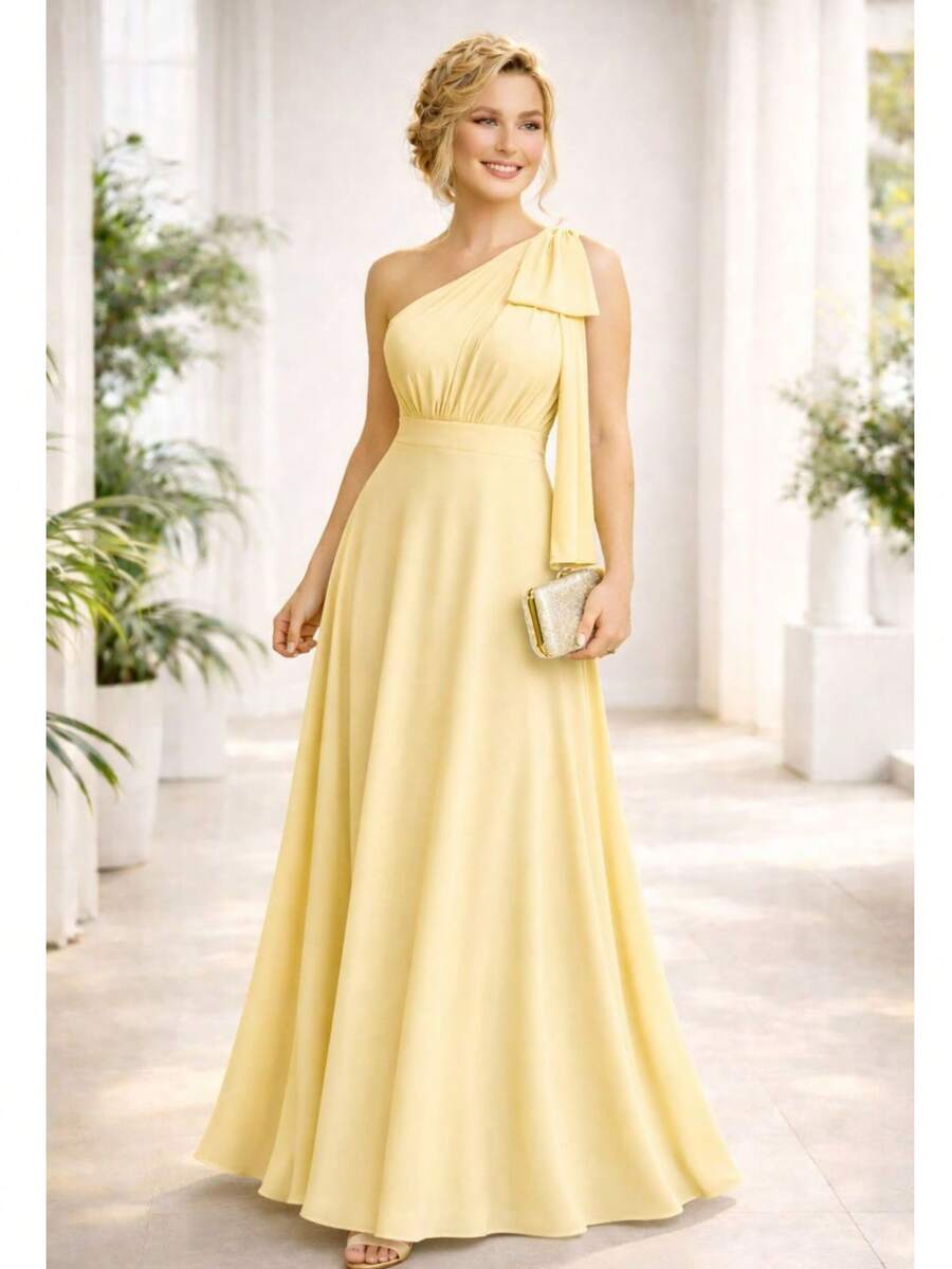 Bridesmaid Dress, Prom, Nude Rose, Terracotta, Serenity, Olive, Black Or Fuchsia, One-Shoulder Bow, Matte - 黃色 - 查看 1