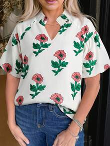 Acelitt Beige Floral Print V-Neck Loose Short Sleeve Shirt, Summer - Multicolor - View 1