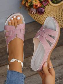 2026新款加大码简约纯色舒适轻便对称H型鞋头圆头女士坡跟凉鞋，适合日常室内/室外休闲、海滩、度假、母亲节礼物 - 粉色 - 查看 3