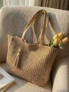 1件夏季新款女士编织单肩包，大容量草编休闲手提包，沙滩多功能单肩包，时尚度假沙滩包，拉链封口，镂空设计 - 卡其色 - 查看 9