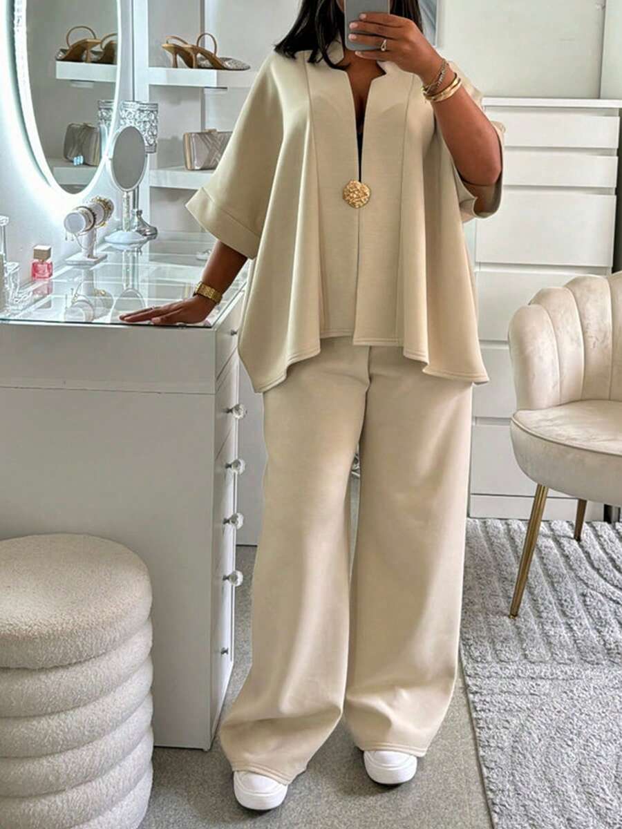 Bộ đồ thường ngày cỡ lớn 2 món, gồm áo cardigan cổ chữ V rộng rãi và quần ống rộng, thích hợp cho các kỳ nghỉ, tiệc tùng, bữa tối, ngày Valentine, năm mới và các dịp khác, thanh lịch và duyên dáng. - Màu be - Xem 1
