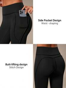 NcmRyu 1pc Women High Waist Side Pocket Topstitching Design Sports Pants - Black - View 5