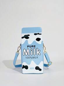 时尚牛奶纸盒形状字母和奶牛印花斜挎包，配有可拆卸肩带和拉链开合，休闲通勤斜挎包，适合旅行和日常使用，草莓图案方形包 - 藍色 - 查看 10