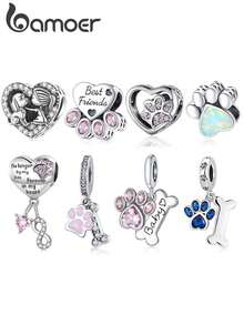 bamoer 1pc 925 Sterling Silver Cute Pet Paw Print & Bone Dog Pendant With Pink Crystal Heart Beads, Suitable For Women DIY Bracelet And Necklace, Elegant Jewelry, Valentine's Day Gift - Multicolor - View 2