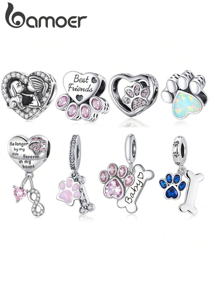 bamoer 1pc 925 Sterling Silver Cute Pet Paw Print & Bone Dog Pendant With Pink Crystal Heart Beads, Suitable For Women DIY Bracelet And Necklace, Elegant Jewelry, Valentine's Day Gift