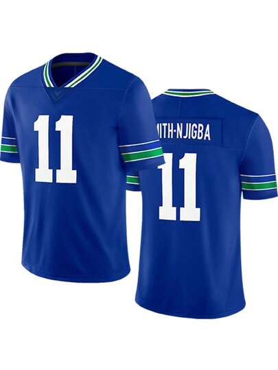 11# Blue American Football Casual Short Sleeve Embroidered V-Neck T-Shirt, Party & Football Sports Wear For Men