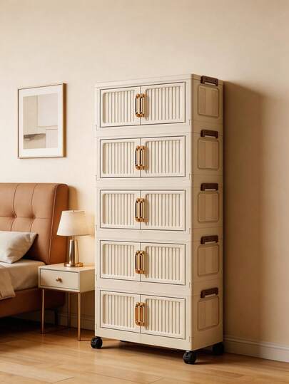 1pc 40/50/60cm Width Foldable Storage Cabinet, 1-6 Tier Double Door Storage Organizer, Thickened Plastic Wheeled Storage Cabinet, Living Room Toy & Snack Multi-Layer Cabinet, Clothes Storage Cabinet, Dust-Proof Home Shelf, Home Storage Rack