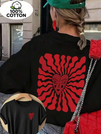 180g Pure Cotton 100% T-Shirt Heart, face, waves Women'S Relaxed Round Neck Summer Shirt, Loose Fit, Soft Feel, Breathable Material