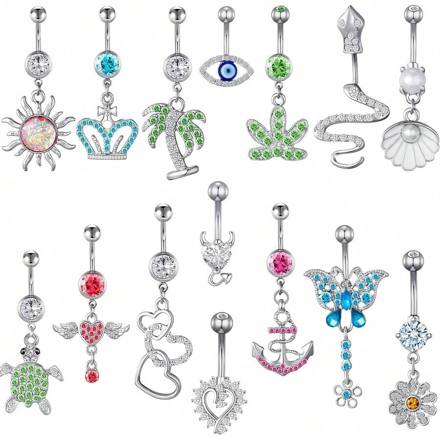 15PCS 14G Stainless Steel Belly Button Rings With AAA Cubic Zirconia - #1-charm - View 1