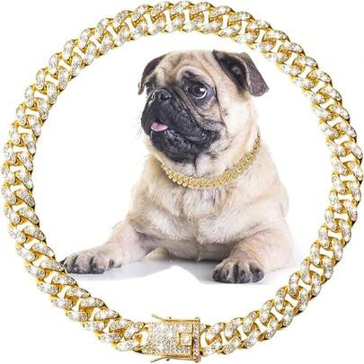 12mm Wide Luxury Cuban Link Pet Necklace, Sparkling Artificial Diamond Encrusted Pet Necklace, Fashionable Pet Collar, Suitable For Small, Medium And Large Dogs And Cats For Daily Wear And Parties, Great Pet Birthday Gift