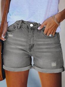 Women's Casual Loose Solid Color Cuffed Denim Shorts, Versatile For Daily Wear Summer - Light Grey - View 4