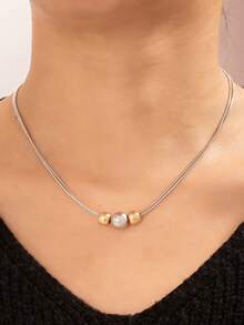 1pc Metallic Geometric Beaded Necklace, Fashionable Daily Wear, Suitable As Gift For Friends - Multicolor - View 10