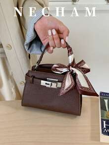 1pc Elegant Vintage Shoulder Bag With Scarf, High-Quality Embossed Leather Handbag - Coffee - View 4