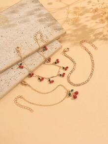 3pcs/Set Summer Sweet Cherry Pendant Bracelet, Cute Cherry Tassel Hand Jewelry Set, Fashionable Chain Bracelet Suitable For Daily Wear, Beach, Party, Date, Handmade Adjustable Length And Cherry Quantity - Multicolor - View 2