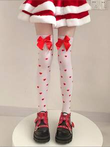 1 Pc Japanese Lolita Bow Over-The-Knee Socks, Fashionable & Sweet Heart Print Thigh High Stockings - Multicolor - View 6