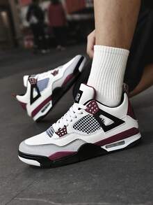 Men's White Burgundy High-Top Sneakers Striking White Upper With Deep Burgundy And Grey Accents For A Sophisticated, Retro Look. - 白紅 - 查看 1